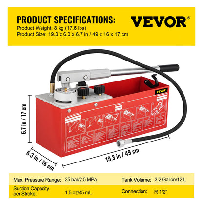 Hydrostatic Pressure Test Pump, Test Up to 25 bar/2.5 MPa, 12.1 L Tank, Hydraulic Manual Water Pressure Tester Kit w/ Two-Unit Gauge & R 1.27 cm Connection, for Pipeline Fluid Pressure Testing