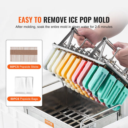 Commercial Popsicle Moulds, 40PCS Round-Head Ice Pop Moulds with Double Slot, Stainless Steel Ice Lolly Popsicle Moulds, Ice Cream Maker Mould Holder with 50PCS Popsicle Sticks & Bags