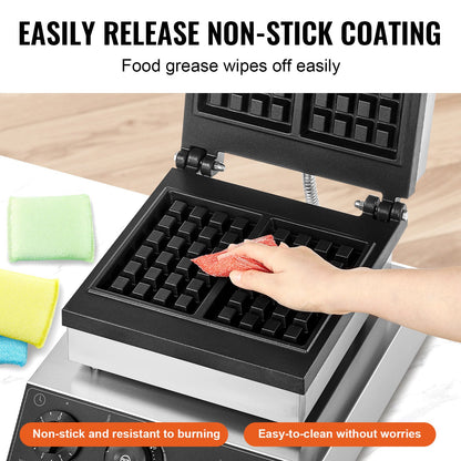 Kommersiell våffeljärn, 2 st rektangulär våffeljärn, 2000 W non-stick belgiskt våffeljärn i rostfritt stål med temperatur- och tidskontroll, handtag, för restaurang, bageri, snackbarfamilj