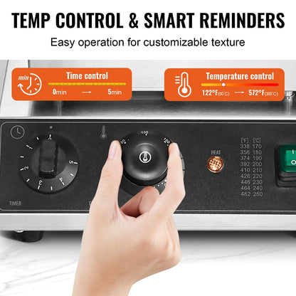 Kommersiell våffeljärn, 4 delar rund våffeljärn, 1750W non-stick belgiskt våffeljärn i rostfritt stål med temperatur- och tidskontroll, för restaurang, bageri, snackbar, familj