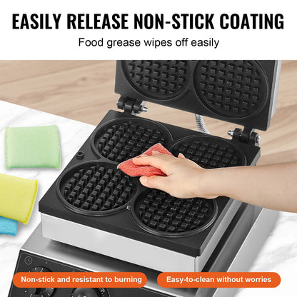 Kommersiell våffeljärn, 4 delar rund våffeljärn, 1750W non-stick belgiskt våffeljärn i rostfritt stål med temperatur- och tidskontroll, för restaurang, bageri, snackbar, familj