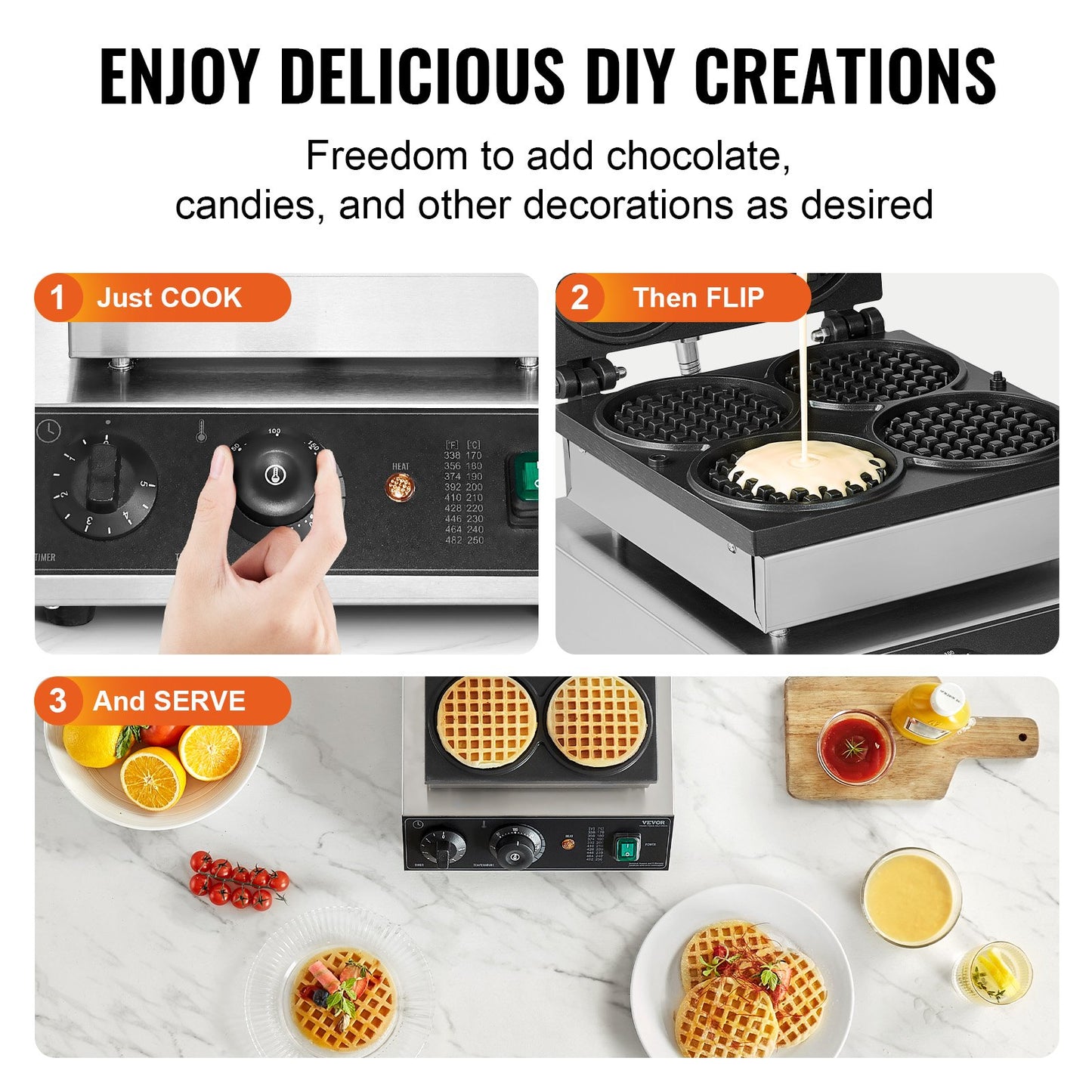Kommersiell våffeljärn, 4 delar rund våffeljärn, 1750W non-stick belgiskt våffeljärn i rostfritt stål med temperatur- och tidskontroll, för restaurang, bageri, snackbar, familj