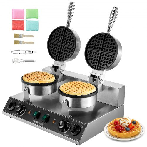 Commercial Waffle Maker, Dual-Head Round Waffle Baker Machine, 2460W Non-Stick Stainless Steel Belgian Waffle Iron with Temp and Time Control, Handle, for Restaurant Bakery Snack Bar Family