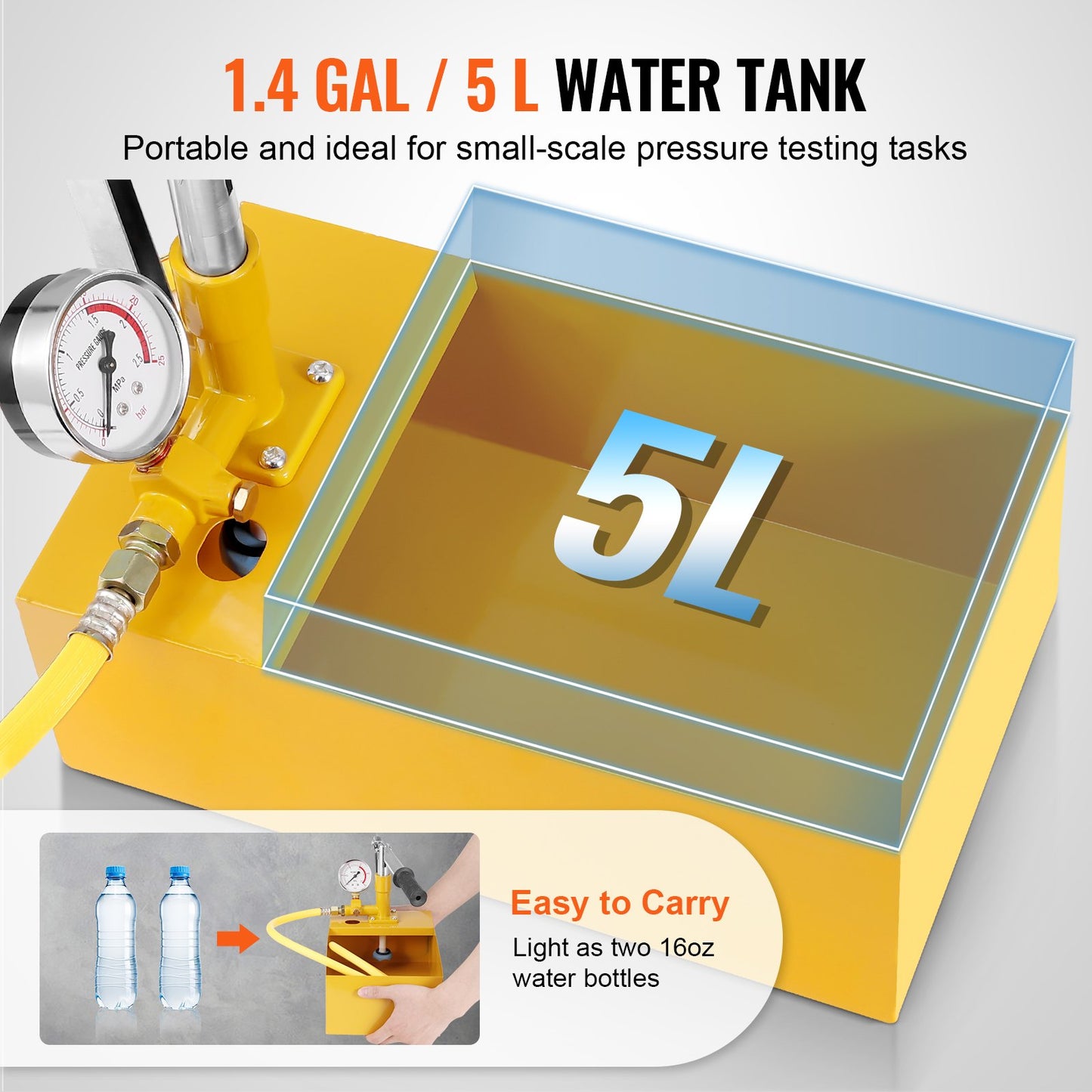 Hydrostatic Test Pump, Max 25 bar/362 PSI, Single Valve Hydraulic Manual Water Pressure Tester Kit with Gauge 5L Water Tank, 1 m Hose with 1.27 cm External Thread Connector for Pipeline