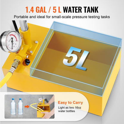 Hydrostatic Test Pump, Max 25 bar/362 PSI, Single Valve Hydraulic Manual Water Pressure Tester Kit with Gauge 5L Water Tank, 1 m Hose with 1.27 cm External Thread Connector for Pipeline