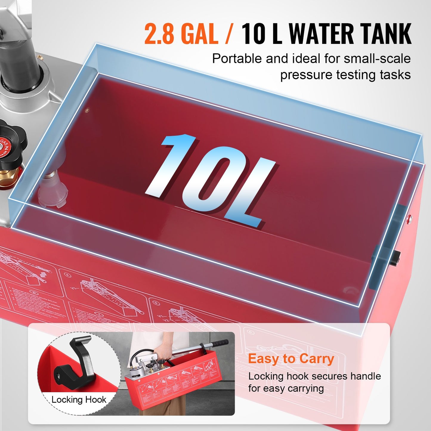 Hydrostatic Test Pump, Max 25 bar/362 PSI, Dual Valve Hydraulic Manual Water Pressure Tester Kit with Gauge 10L Water Tank, 1.4 m Hose with 1.27 cm External Thread Connector for Pipeline