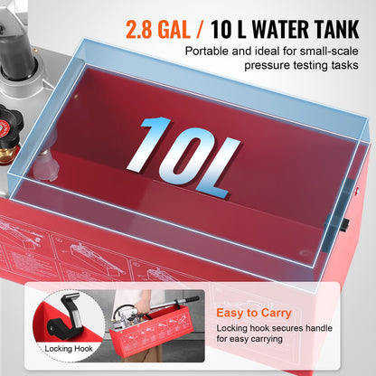 Hydrostatic Test Pump, Max 25 bar/362 PSI, Dual Valve Hydraulic Manual Water Pressure Tester Kit with Gauge 10L Water Tank, 1.4 m Hose with 1.27 cm External Thread Connector for Pipeline