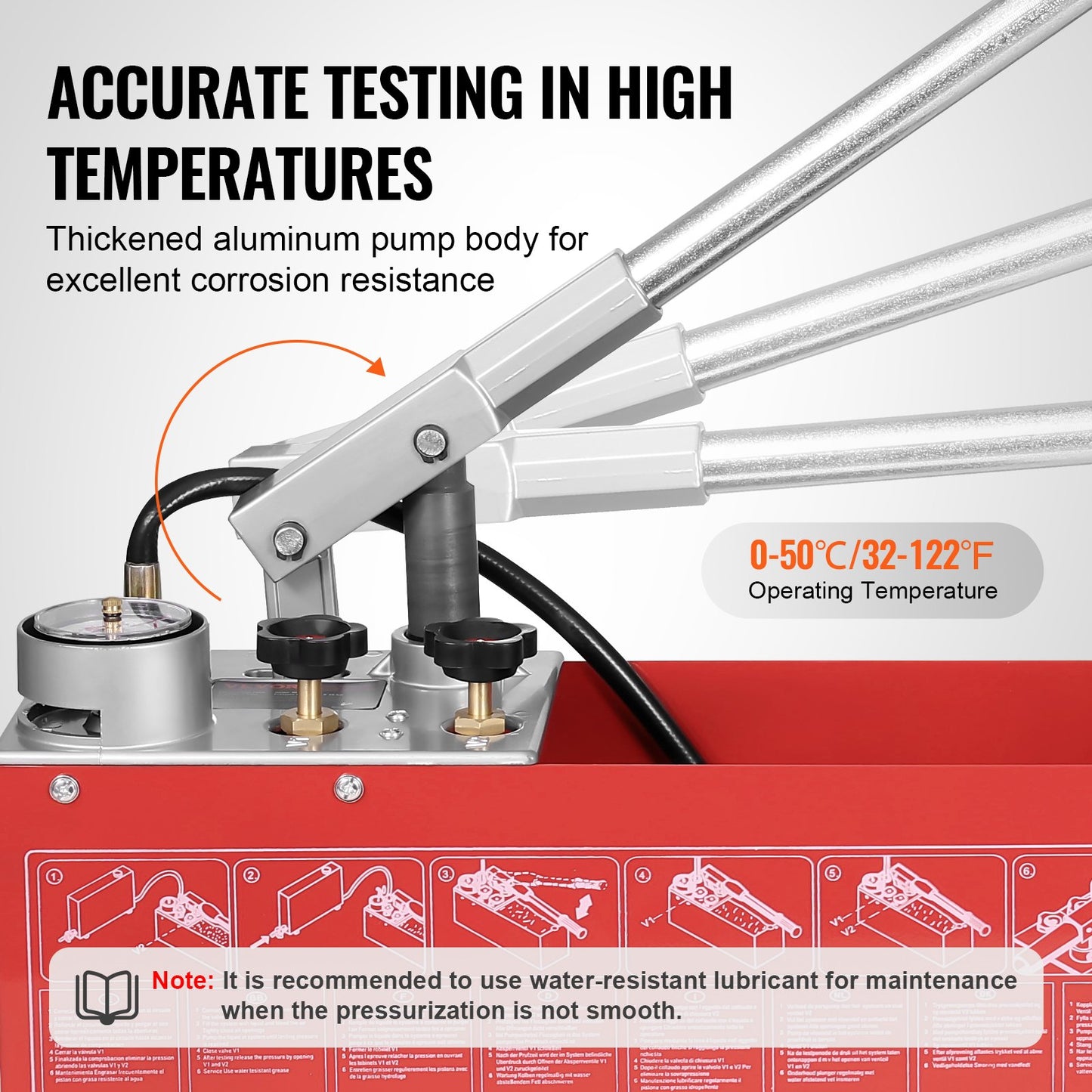 Hydrostatic Test Pump, Max 25 bar/362 PSI, Dual Valve Hydraulic Manual Water Pressure Tester Kit with Gauge 10L Water Tank, 1.4 m Hose with 1.27 cm External Thread Connector for Pipeline
