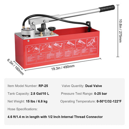 Hydrostatic Test Pump, Max 25 bar/362 PSI, Dual Valve Hydraulic Manual Water Pressure Tester Kit with Gauge 10L Water Tank, 1.4 m Hose with 1.27 cm External Thread Connector for Pipeline