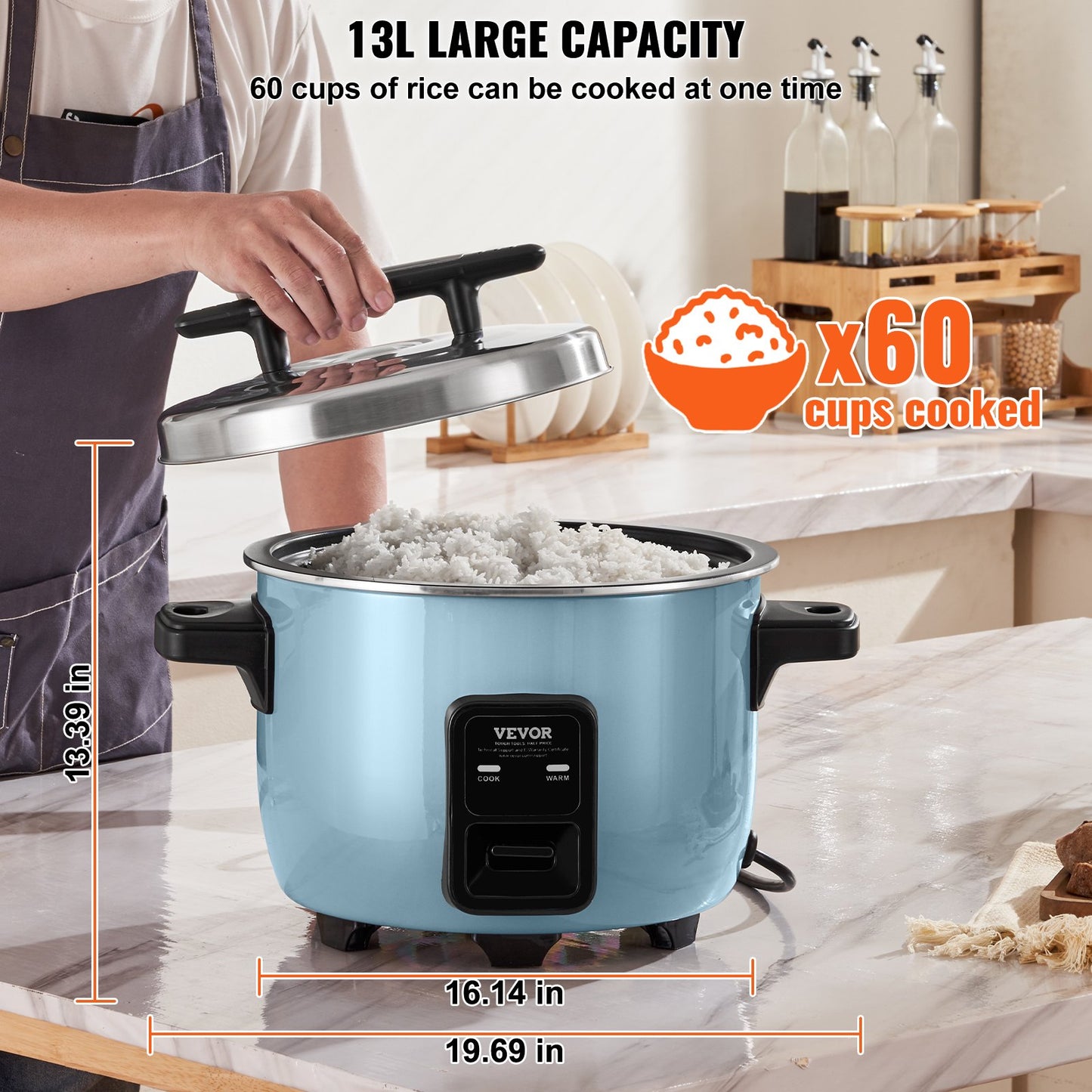 Commercial Rice Cooker, 60-Cup Rice Cooker, 13 Liter Large Rice Cooker and Warmer with Nonstick Inner Pot, Fast Cooking and 24-Hour Keep Warm, with Rice Cup and Paddle, for Restaurant