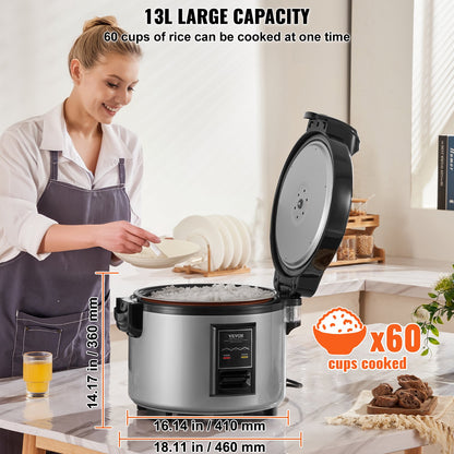 Commercial Rice Cooker, 60-Cup Rice Cooker, 13 Liter Large Rice Cooker and Warmer with Nonstick Inner Pot, Fast Cooking and 12-Hour Keep Warm, with Rice Cup and Paddle, for Restaurant