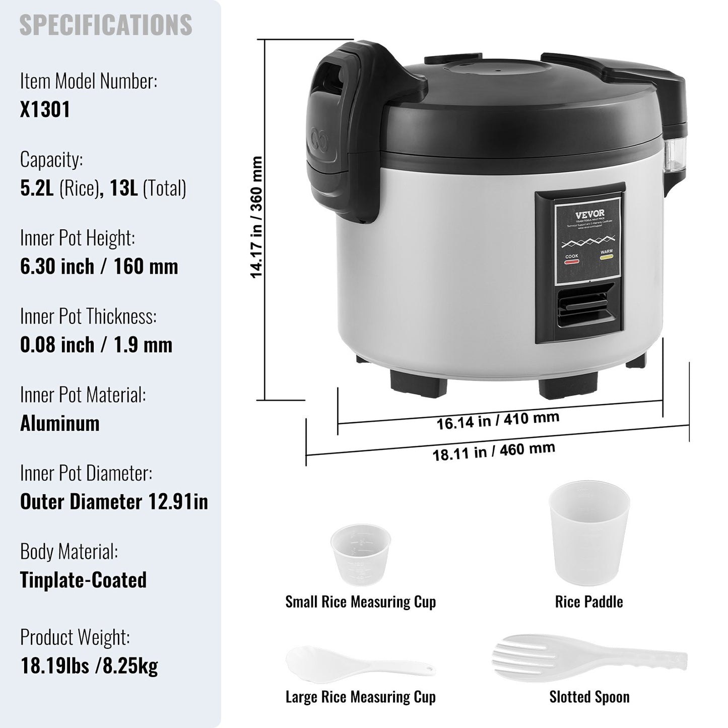Commercial Rice Cooker, 60-Cup Rice Cooker, 13 Liter Large Rice Cooker and Warmer with Nonstick Inner Pot, Fast Cooking and 12-Hour Keep Warm, with Rice Cup and Paddle, for Restaurant