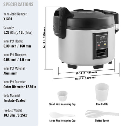 Commercial Rice Cooker, 60-Cup Rice Cooker, 13 Liter Large Rice Cooker and Warmer with Nonstick Inner Pot, Fast Cooking and 12-Hour Keep Warm, with Rice Cup and Paddle, for Restaurant