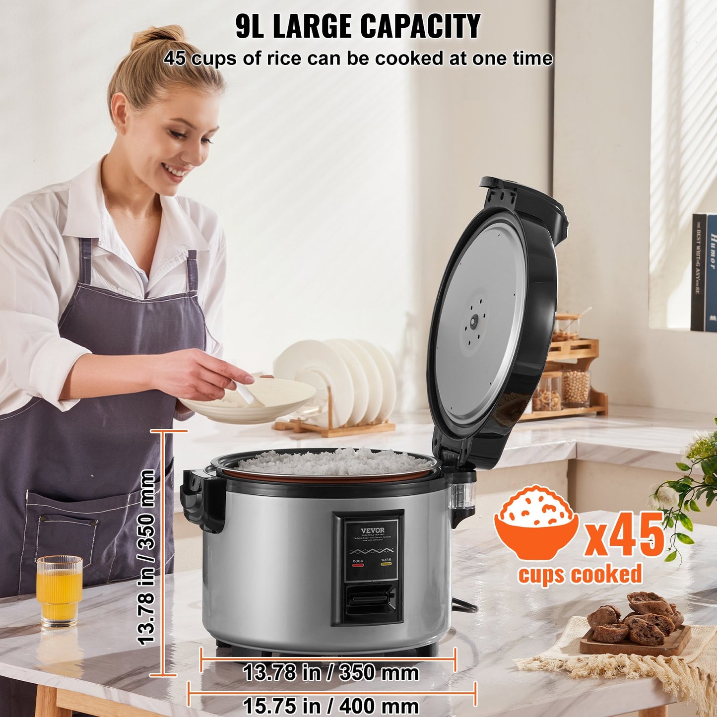 Commercial Rice Cooker, 45-Cup Rice Cooker, 9 Liter Large Rice Cooker and Warmer with Nonstick Inner Pot, Fast Cooking and 12-Hour Keep Warm, with Rice Cup and Paddle, for Restaurant