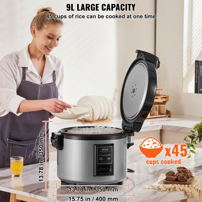 Commercial Rice Cooker, 45-Cup Rice Cooker, 9 Liter Large Rice Cooker and Warmer with Nonstick Inner Pot, Fast Cooking and 12-Hour Keep Warm, with Rice Cup and Paddle, for Restaurant