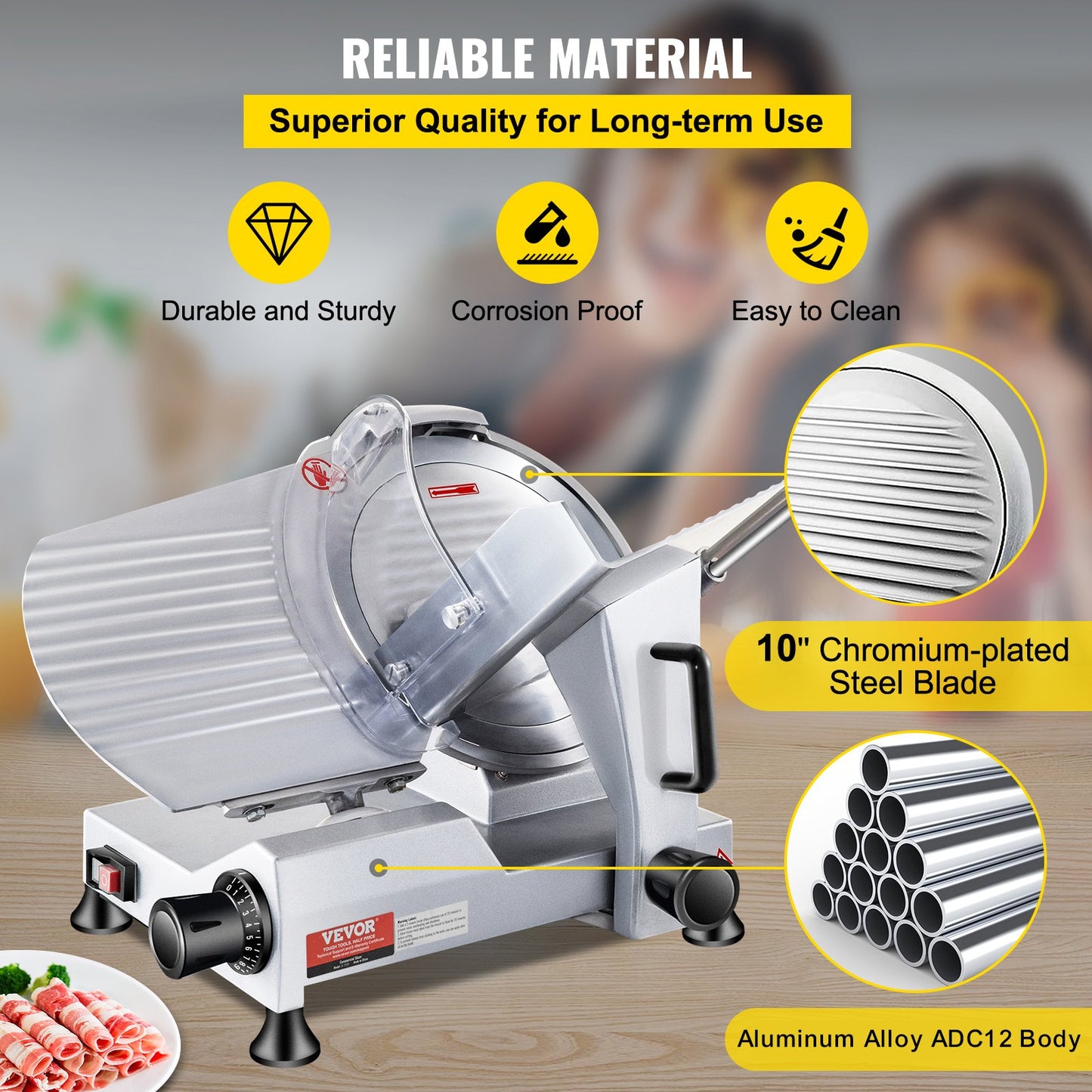 Kommersiell köttskärare, 240W elektrisk delikatesskärare, 25 cm elektrisk köttskärare med kolstålsblad, 350-400 varv/min köttskärare, 0 - 0,47 tum justerbar tjocklek för kommersiellt och hemmabruk