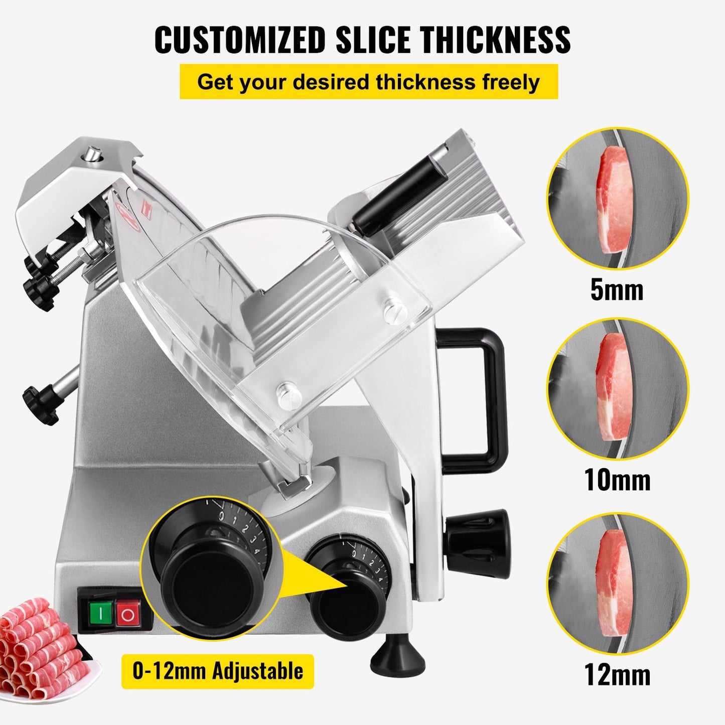 Commercial Meat Slicer, 200W Electric Deli Food Slicer, 350-400RPM Meat Slicer with 8" Carbon Steel Blade, 0 - 0.47 inch Adjustable Thickness Electric Meat Slicer for Home and Commercial Use