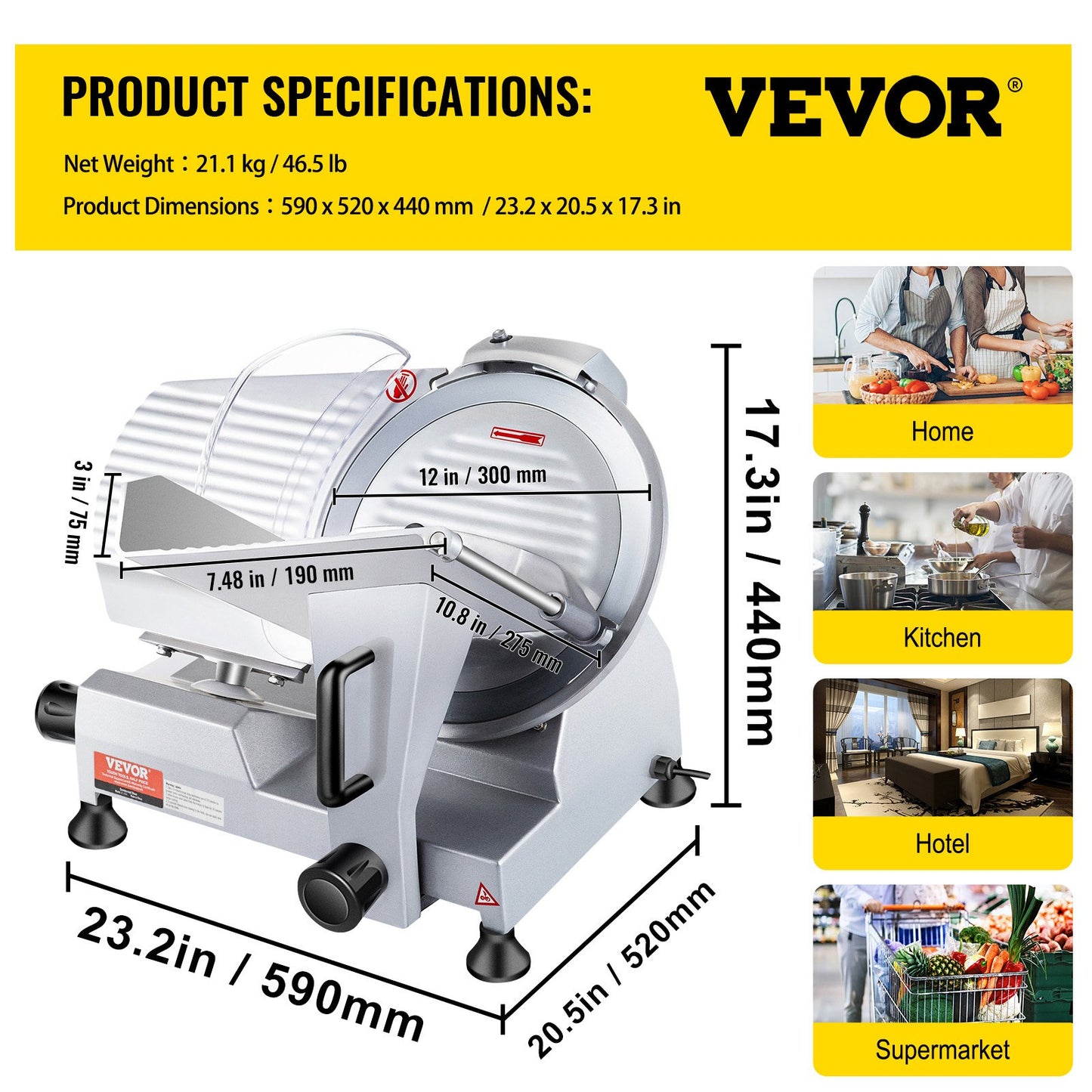 Commercial Meat Slicer, 320W Electric Deli Food Slicer, 12 inch Carbon Steel Blade Electric Food Slicer, 350-400RPM Meat Slicer, 0-0.6 inch Adjustable Thickness for Meat, Cheese, Veggies, Ham