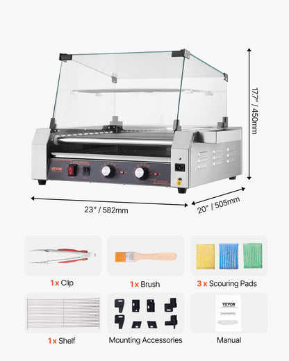 Hot Dog Roller, 30 Hot Dog 11 Rollers, Stainless Steel Sausage Grill Cooker, 2200W Commercial Hot Dog Machine with Dual Temp Control, Cover, Side Storage Box, Removable Shelf & Oil Drip Tray