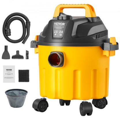 Wet/Dry Shop Vacuum, 10L 2 Peak HP, Efficient Suction & Blower w/ Nozzle,Casters, Portable Shop Vacuum with Attachments, Lightweight Shop Vac Ideal for Carpet, Debris, Pet Hair, Yellow