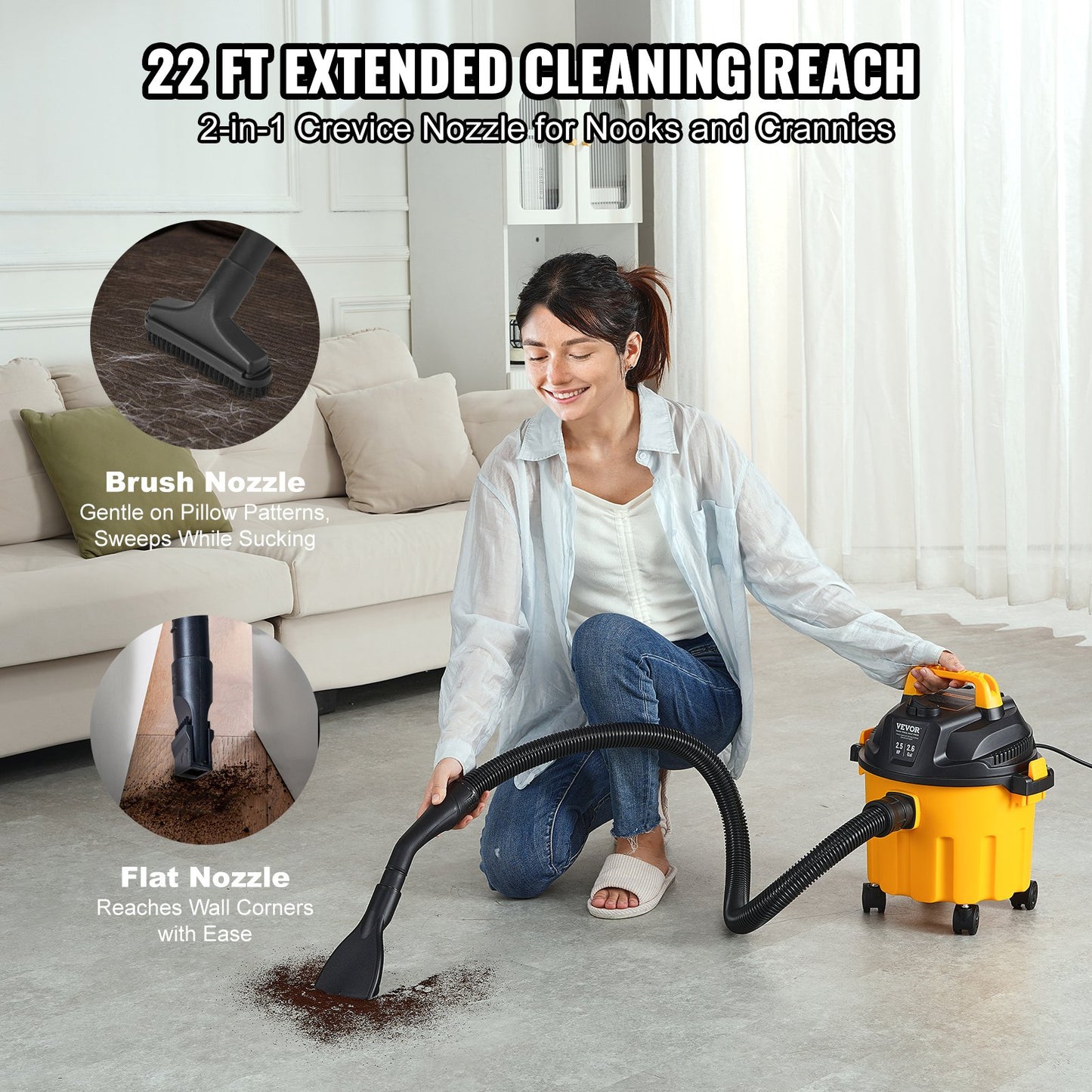 Wet/Dry Shop Vacuum, 10L 2 Peak HP, Efficient Suction & Blower w/ Nozzle,Casters, Portable Shop Vacuum with Attachments, Lightweight Shop Vac Ideal for Carpet, Debris, Pet Hair, Yellow
