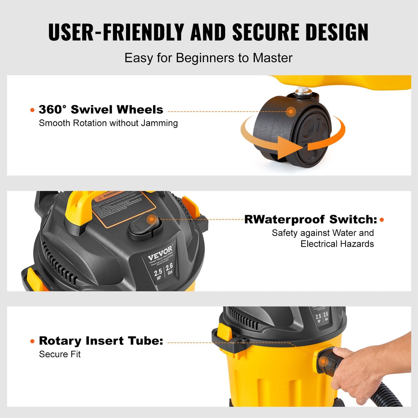 Wet/Dry Shop Vacuum, 10L 2 Peak HP, Efficient Suction & Blower w/ Nozzle,Casters, Portable Shop Vacuum with Attachments, Lightweight Shop Vac Ideal for Carpet, Debris, Pet Hair, Yellow