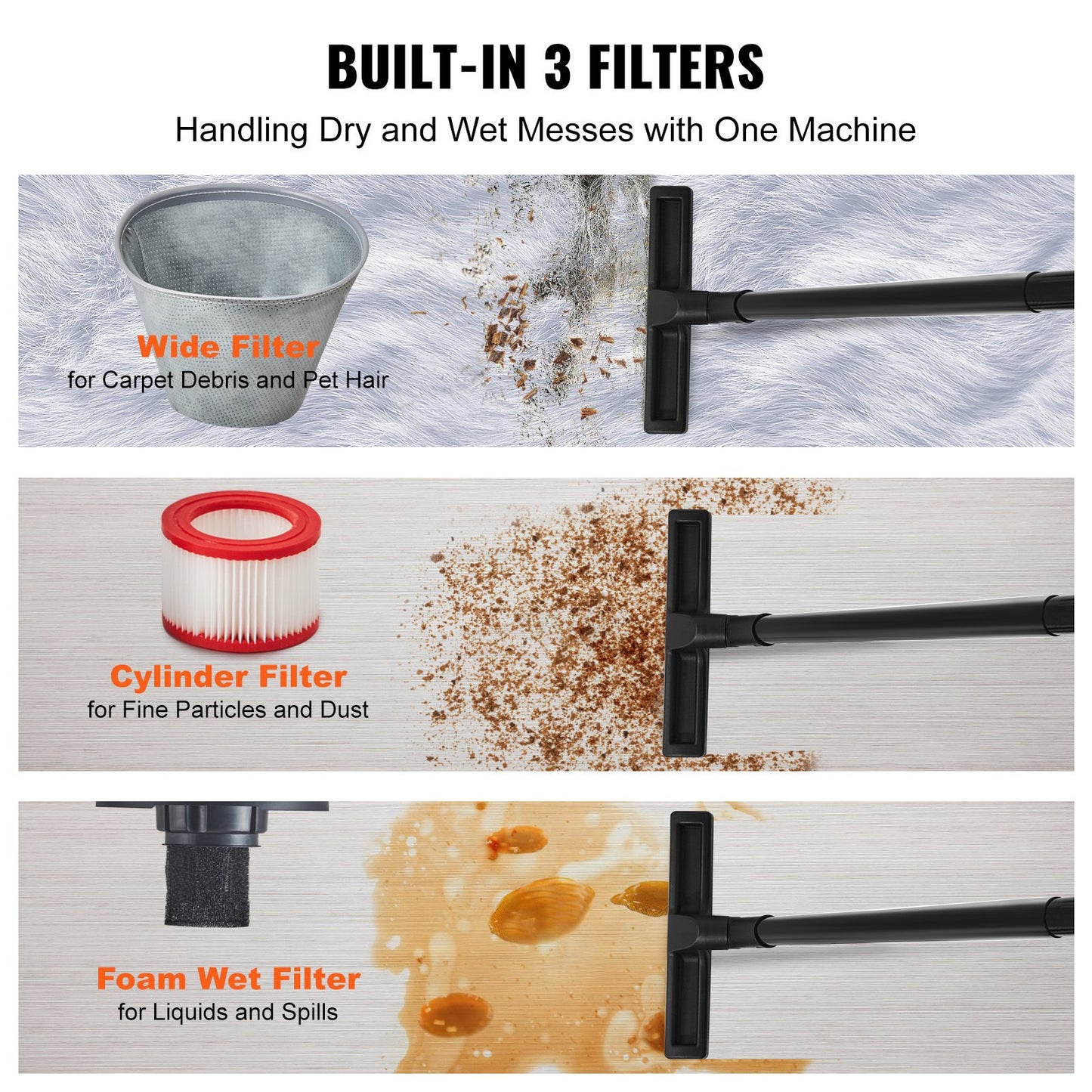 Våt- och torrdammsugare i rostfritt stål, 8 gallon, 6 peak hk, våt- och torrdammsugare, kraftfull sugfunktion med blåsfunktion och tillbehör, 2-i-1-munstycke för fogar, liten verkstadsdammsugare, perfekt för mattskräp, djurhår, bil