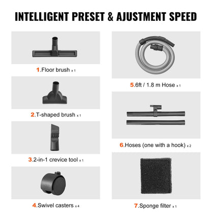 Våt- och torrdammsugare i rostfritt stål, 8 gallon, 6 peak hk, våt- och torrdammsugare, kraftfull sugfunktion med blåsfunktion och tillbehör, 2-i-1-munstycke för fogar, liten verkstadsdammsugare, perfekt för mattskräp, djurhår, bil