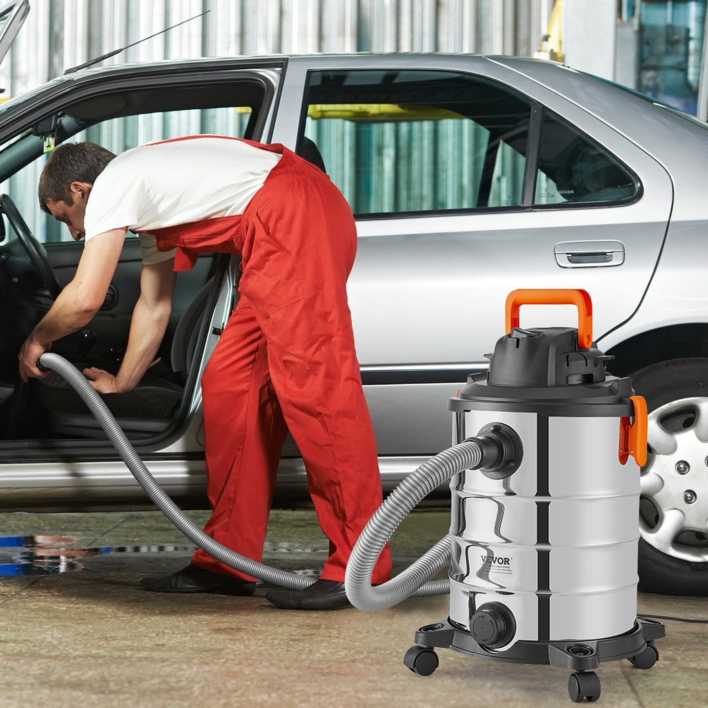 Våt- och torrdammsugare i rostfritt stål, 8 gallon, 6 peak hk, våt- och torrdammsugare, kraftfull sugfunktion med blåsfunktion och tillbehör, 2-i-1-munstycke för fogar, liten verkstadsdammsugare, perfekt för mattskräp, djurhår, bil