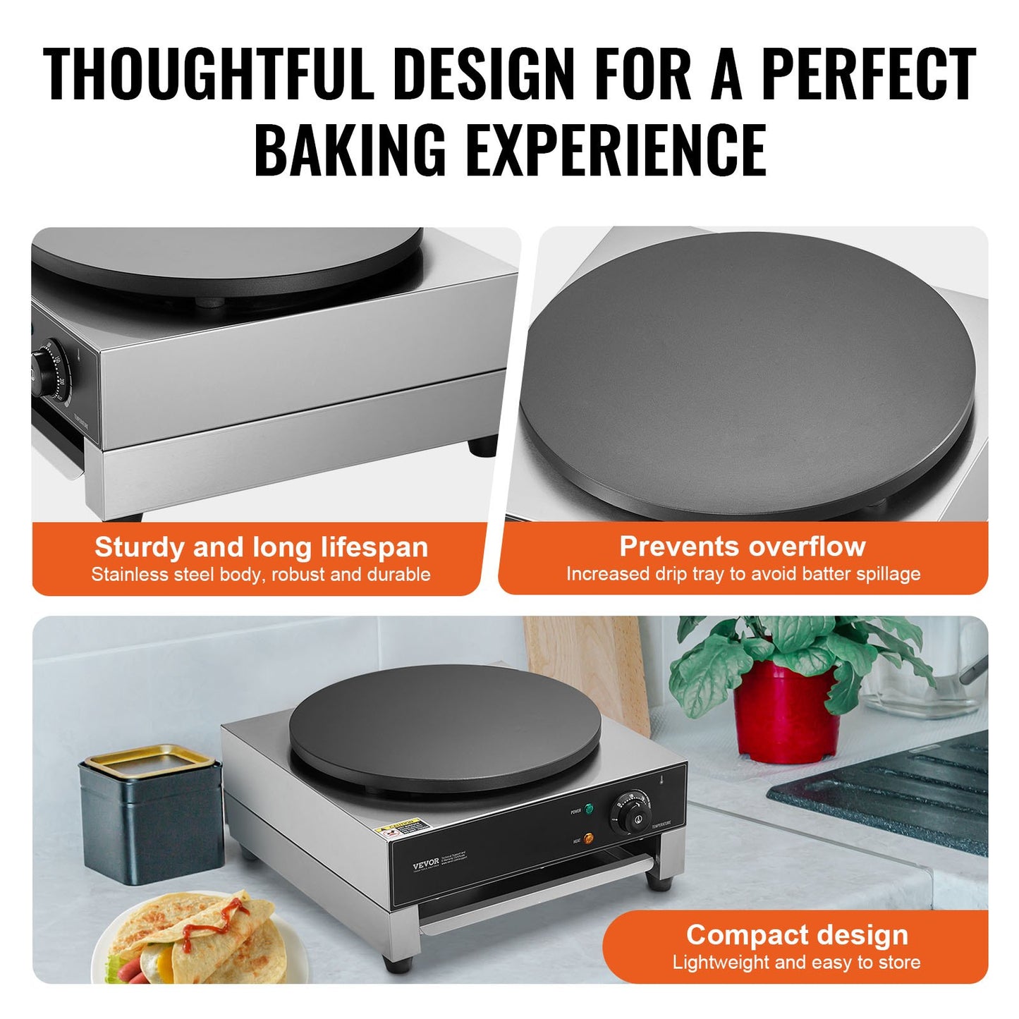 Elektrisk crêpemaskin, 16-tums kommersiell crêpemaskin, 3000W platt crêpe-stekplatta, non-stick pannkaksmaskin i rostfritt stål, rund pannkaksugn för flingor med temperaturkontroll och stationär design