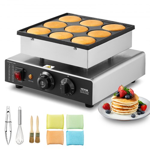 Dutch Pancake Maker, 9PCS 76mm Diameter Dorayaki Baker Machine, 850W Commercial Electric Poffertjes Grill, Non-stick Stainless Steel, Temp & Time Control, for Home Kitchen Restaurant Snack Bar