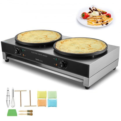 Electric Crepe Maker, 16-Inch Double Head Commercial Crepe Machine, 3400W Flat Plate Crepe Griddle, Nonstick Stainless Steel Pancake Making, Desktop Circular Cereals Pancake Stove, Temp Control