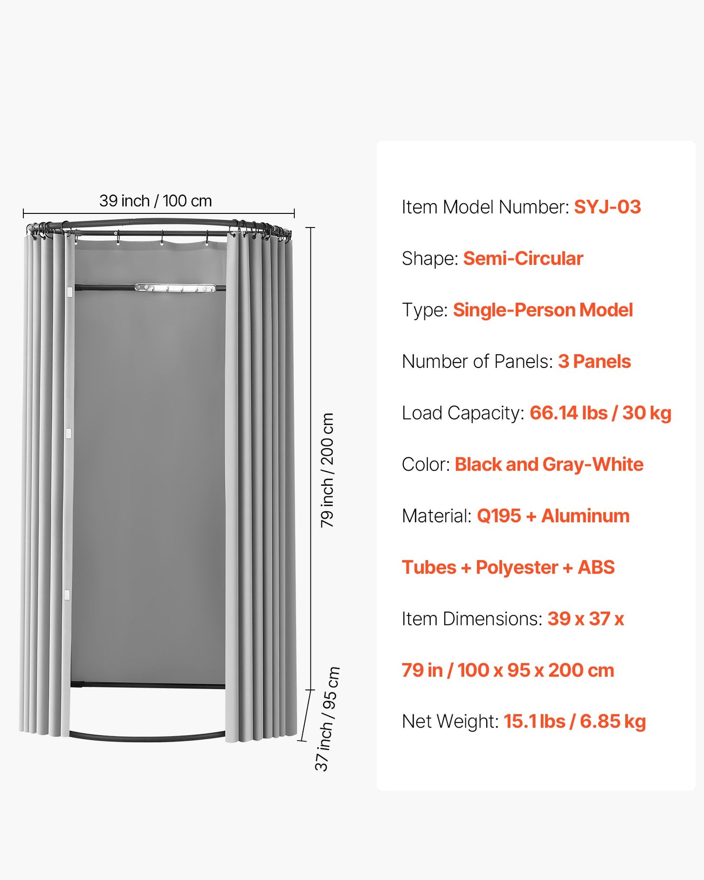 Provrum, Omklädningsrum med tjocka polyestergardiner, avskildhetsyta med skugggardin och krok, för butik, köpcentrum, skrädderi och utomhusbruk 100 x 95 x 200 cm (svart och gråvit)