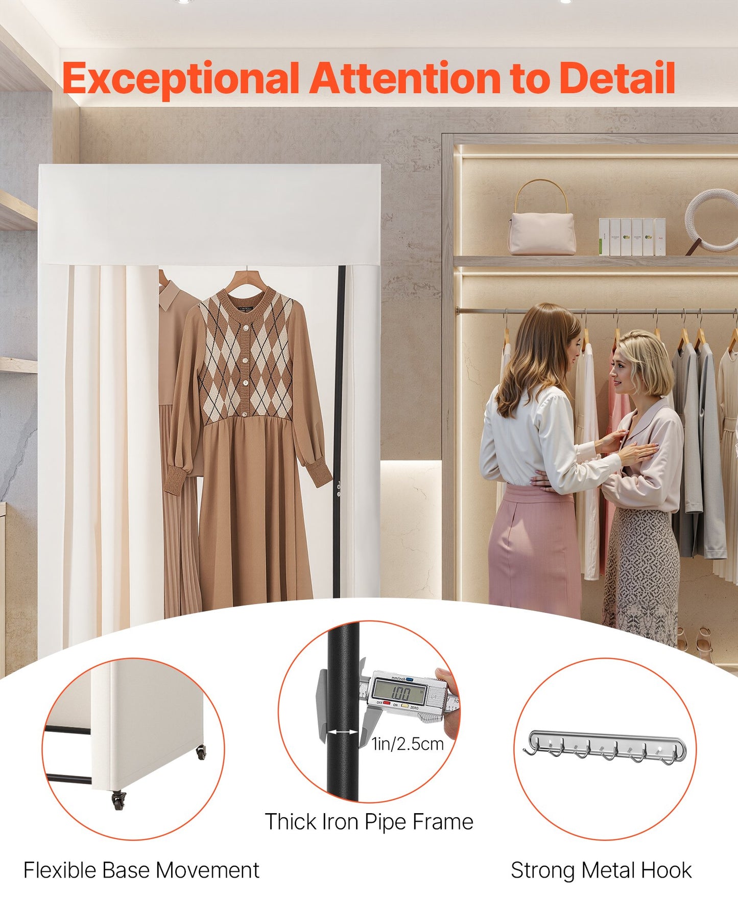 Provkammare, flyttbar omklädningsrum med tjocka gardiner, avskildhetsyta med hjul och en robust metallkrok, för butik, köpcentrum, skrädderi och utomhusbruk (99 x 99 x 204,5 cm, svart och beige)