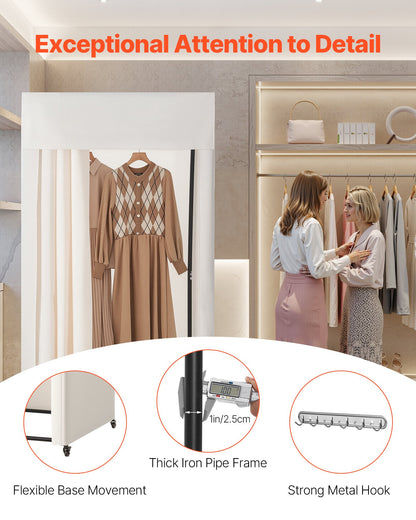 Provkammare, flyttbar omklädningsrum med tjocka gardiner, avskildhetsyta med hjul och en robust metallkrok, för butik, köpcentrum, skrädderi och utomhusbruk (99 x 99 x 204,5 cm, svart och beige)