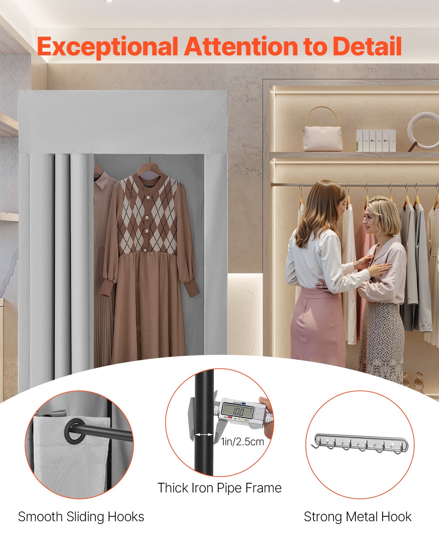 Provrum, Omklädningsrum med tjocka polyestergardiner, avskildhetsyta med skugggardin och krok, för butik, köpcentrum, skrädderi och utomhusbruk 99 x 99 x 198 cm (svart och gråvit)