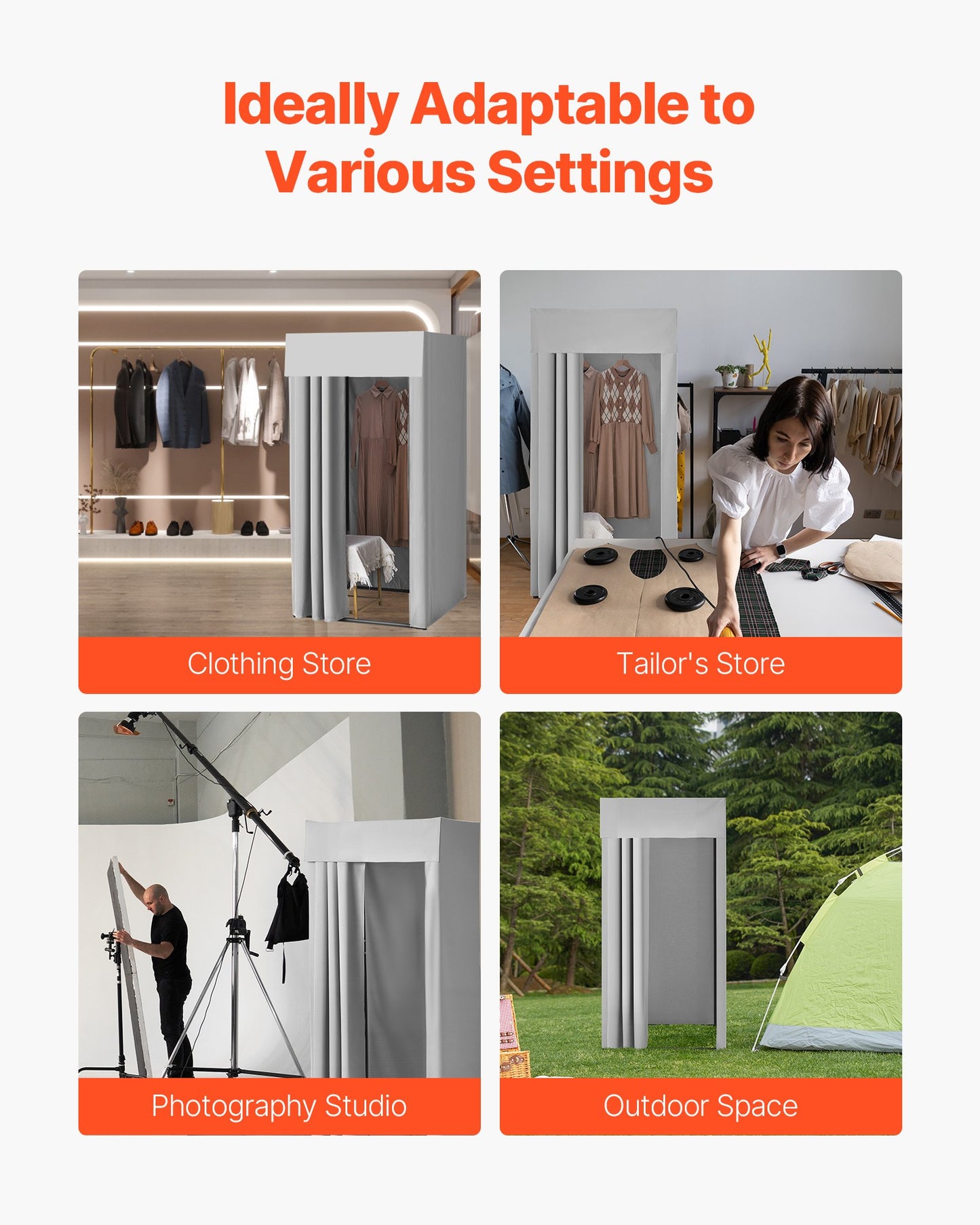 Provrum, Omklädningsrum med tjocka polyestergardiner, avskildhetsyta med skugggardin och krok, för butik, köpcentrum, skrädderi och utomhusbruk 99 x 99 x 198 cm (svart och gråvit)