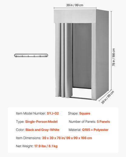 Provrum, Omklädningsrum med tjocka polyestergardiner, avskildhetsyta med skugggardin och krok, för butik, köpcentrum, skrädderi och utomhusbruk 99 x 99 x 198 cm (svart och gråvit)