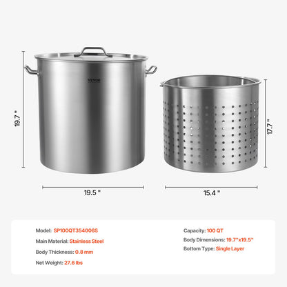Stainless Steel Stockpot, 100 Quart Large Cooking Pots, Cookware Sauce Pot with Basket, Lid, and Handle, Heavy Duty Commercial Grade Stock Pot, Sanding Treatment, for Large Groups Events Silver