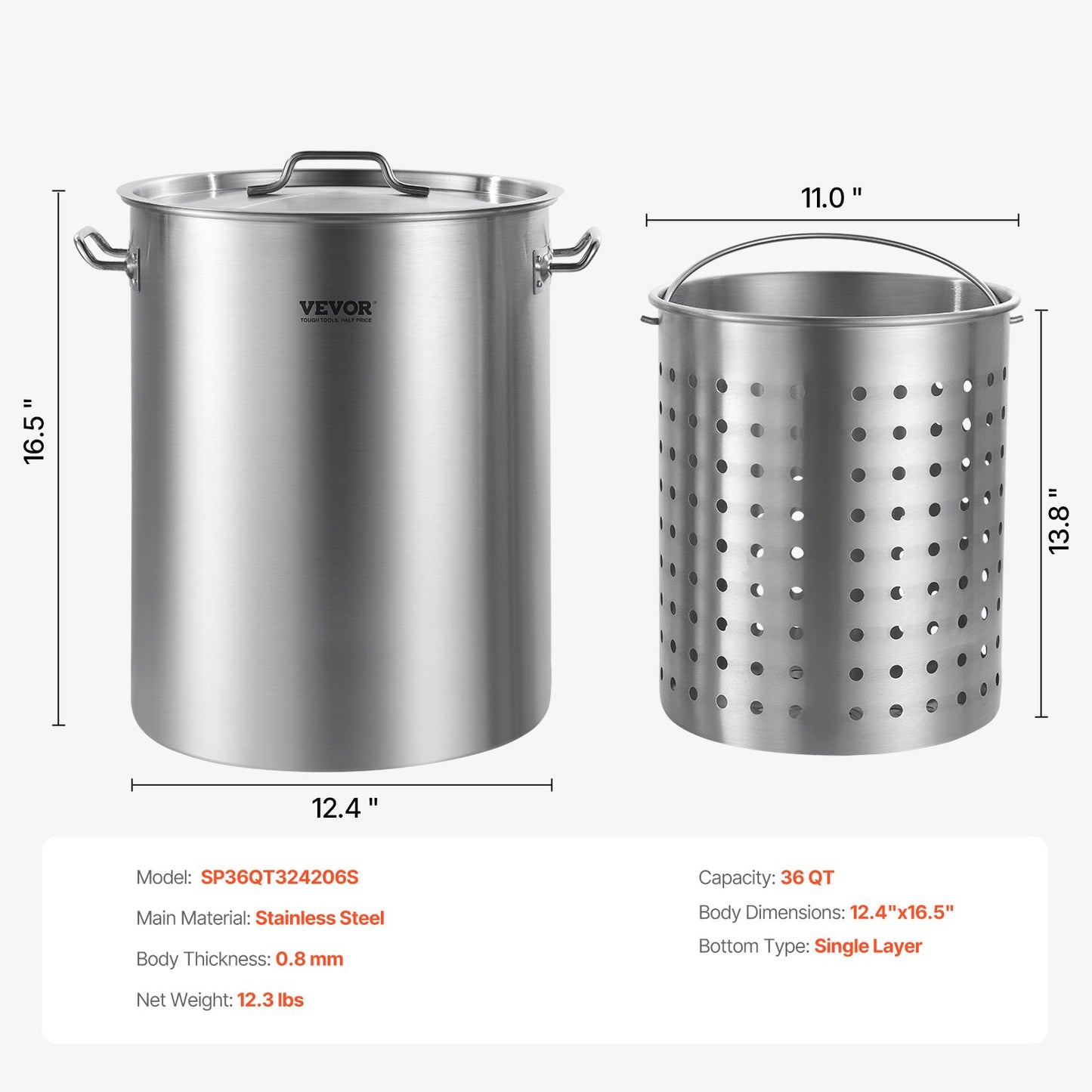 Stainless Steel Stockpot, 36 Quart Cooking Pots, Cookware Sauce Pot with Basket, Lid, and Handle, Heavy Duty Commercial Grade Stock Pot, Sanding Treatment, for Steaming Boiling or Frying Silver