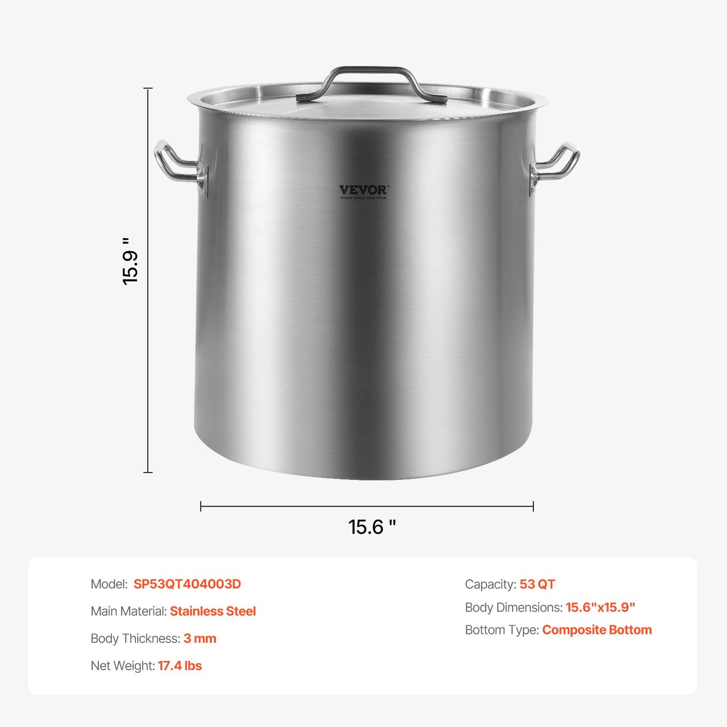 Stainless Steel Stockpot, 53 Quart Large Cooking Pots, Cookware Sauce Pot with Lid, and Handle, Heavy Duty Commercial Grade Stock Pot, Sanding Treatment, for Large Groups Events Silver
