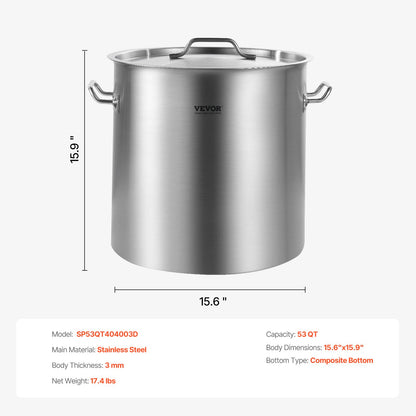 Stainless Steel Stockpot, 53 Quart Large Cooking Pots, Cookware Sauce Pot with Lid, and Handle, Heavy Duty Commercial Grade Stock Pot, Sanding Treatment, for Large Groups Events Silver