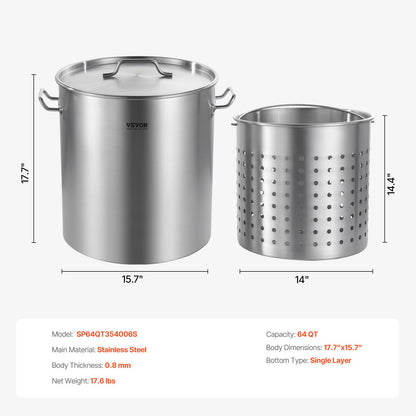 Stainless Steel Stockpot, 54L Large Cooking Pots, Cookware Sauce Pot with Basket, Lid, and Handle, Heavy Duty Commercial Grade Stock Pot, Sanding Treatment, for Large Groups Events Silver