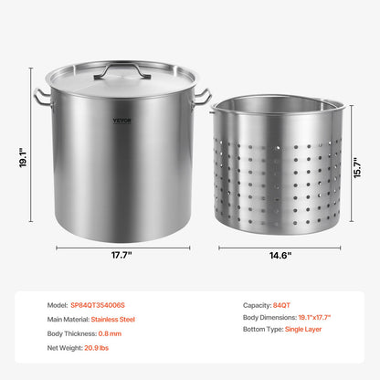Stainless Steel Stockpot, 84 Quart Large Cooking Pots, Cookware Sauce Pot with Basket, Lid, and Handle, Heavy Duty Commercial Grade Stock Pot, Sanding Treatment, for Large Groups Events Silver