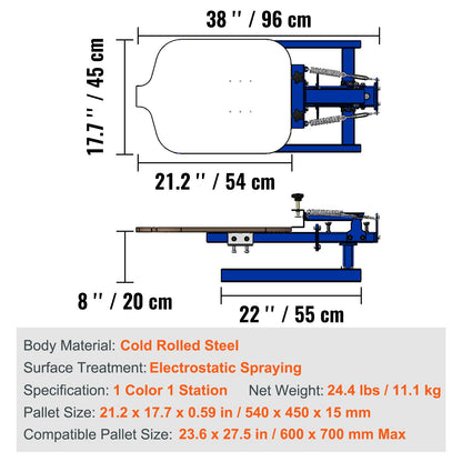 Screen Printing Machine, 1 Color 1 Station Silk Screen Printing Press, 21.2x17.7in / 54x45cm Screen Printing Press, Double-layer Positioning Pallet, Adjustable Tension for T-shirt DIY Printing