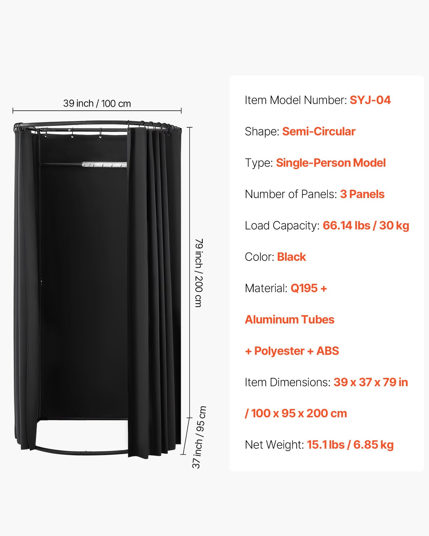 Provkammare, portabelt omklädningsrum med tjocka polyestergardiner, avskildhetsyta med skugggardin och krok, för butik, köpcentrum, skrädderi och utomhusaktiviteter 100 x 95 x 200 cm (svart)