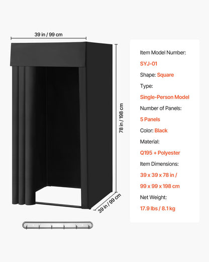 Provkammare, portabelt omklädningsrum med tjocka polyestergardiner, avskildhetsyta med skugggardin och krok, för butik, köpcentrum, skrädderi och utomhusaktiviteter 99 x 99 x 198 cm (svart)
