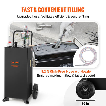 30-gallons bensinbehållare, bränsletank med hjul, bärbar bränslebehållare med manuell överföringspump, bensin- och dieselbehållare för bilar, gräsklippare, fyrhjulingar, båtar, mer, svart