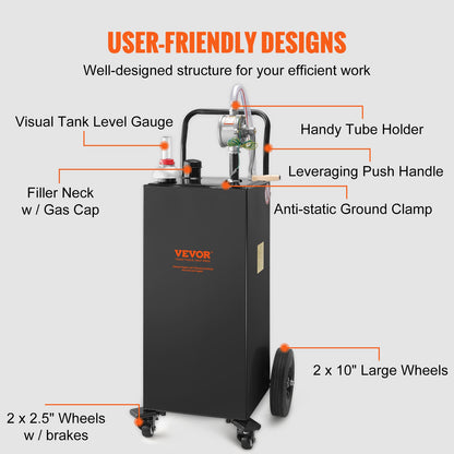30 Gallon Fuel Caddy, Gas Storage Tank & 4 Wheels, with Manuel Transfer Pump, Gasoline Diesel Fuel Container for Cars, Lawn Mowers, ATVs, Boats, More, Black
