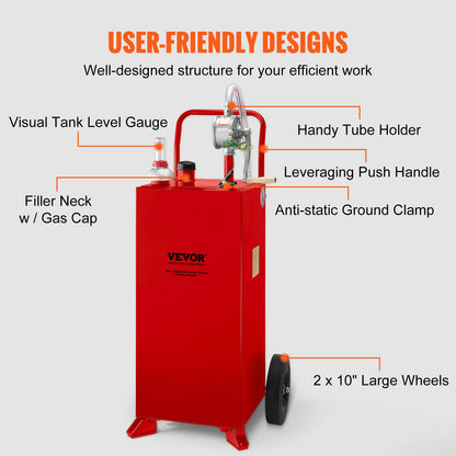 30 Gallon Fuel Caddy, Fuel Storage Tank on 2 Wheels, Portable Gas Caddy with Manuel Transfer Pump, Gasoline Diesel Fuel Container for Cars, Lawn Mowers, ATVs, Boats, More, Red